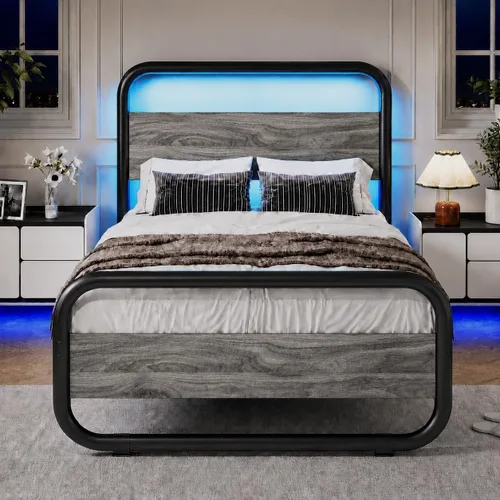 Vista 16 de Catrimown - Marco para cama individual con luces LED, marco de cama plataforma individual resistente de metal rústico con cabecera de madera Negro