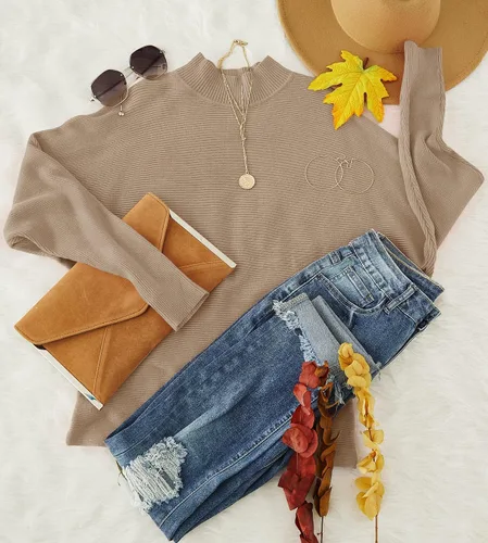 Vista 4 de ZESICA Suéter de manga larga de murciélago para mujer, de punto acanalado, casual, suave, para otoño