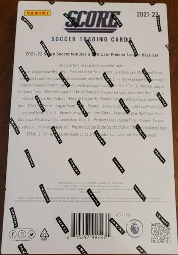 Vista 4 de Caja sellada Panini Score EPL Premier League Soccer Factory 2021-22 con 20 paquetes de 10 cartas. Encuentra 3 paralelos numerados y 5 lava roja por