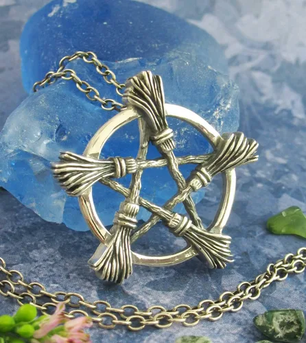 Vista 2 de Woot & Hammy Five Witch's Brooms or Besoms Pentacle Pendant, 100% Sterling Silver, Handmade