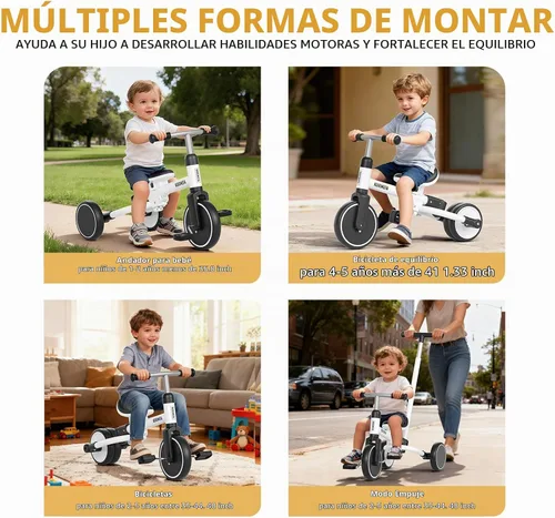 Vista 5 de KORIMEFA Triciclo 5 en 1 para niños pequeños de 1 a 3 años, bicicleta para Blanco