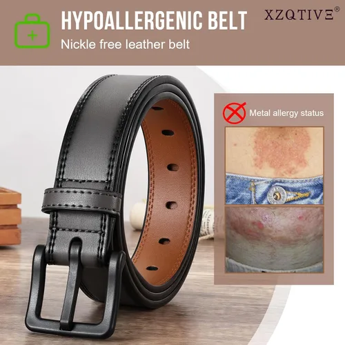 Vista 4 de XZQTIVE Cinturón de cuero hipoalergénico sin metal para hombre, cinturón de cuero para jeans y vestido, sin níquel, con hebilla negra