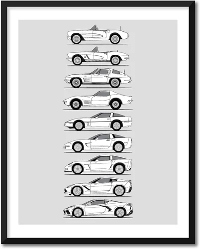 Vista 16 de Idea Network Póster hecho a mano compatible con Chevy Corvette Generations (perfil lateral) impresión de Chevrolet (C1 C2 C3 C4 C5 C6 C7 C8) – Rojo