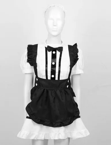 Vista 2 de dPois Womens Sexy French Maid Cosplay Apron Costume Outfits Round Neck Uniform Dress