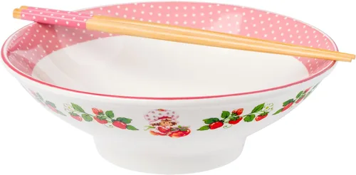 Vista 11 de Silver Buffalo Strawberry Shortcake - Tazón de cerámica vintage para ramen con palillos, apto para microondas, 20 onzas
