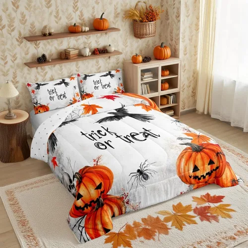 Vista 26 de Feelyou Juego de edredón de calabaza para todas las estaciones, decoración de Halloween, juego de ropa de cama con 1 funda de almohada, microfibra