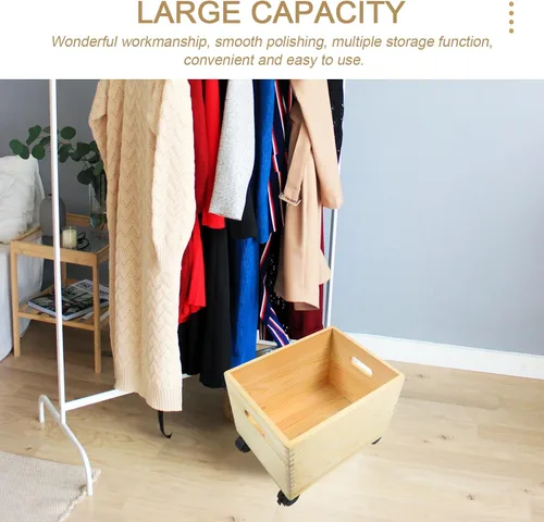 Vista 4 de Cabilock Caja de almacenamiento de madera con tapa y ruedas, organizador portátil de artículos diversos, contenedor de almacenamiento para el hogar