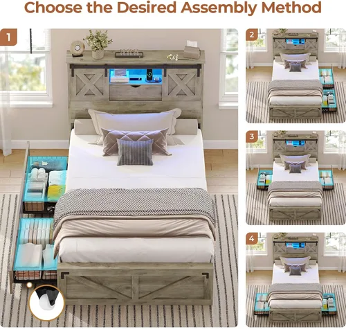 Vista 3 de Marco de cama de granja tamaño individual con 2 cajones de almacenamiento, plataforma de madera con luces LED y estación de carga, cabecera