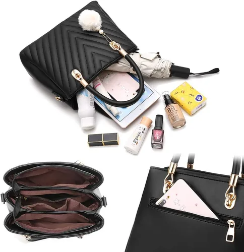 Vista 4 de Bolsos de cuero de moda para mujer, bolsos acolchados con asa superior, bolso de hombro para mujer con pompón
