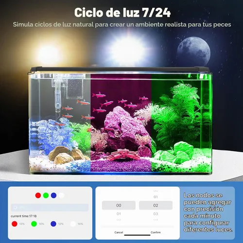 Vista 3 de Luz LED Bluetooth para acuario con control de aplicación, 3 modos para pecera de 12 a 18 pulgadas con espectro completo luces blancas, azules, rojas