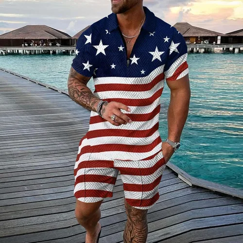 Vista 6 de Aipengry Conjunto deportivo de 2 piezas para hombre, conjunto deportivo de manga corta con cremallera y pantalones cortos para el 4 de julio