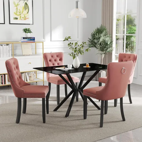 Vista 8 de Juego de comedor moderno de cristal de lujo de 5 piezas, juego de comedor rectangular minimalista para 4, juego de mesa de cocina de vidrio