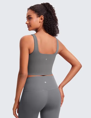 Vista 2 de CRZ YOGA Butterluxe Square Neck Crop Tank Top Brasier integrado, soporte ligero, almohadillas extraíbles, yoga, extremadamente suave, tirantes