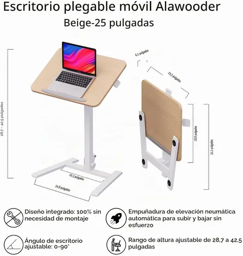 Vista 3 de alawooder 25" Mobile Folding Desk: Pneumatic Sit-Stand, No Assembly Escritorio para portátil con ruedas ajustables de 29 a 42 pulgadas, ruedas Beige