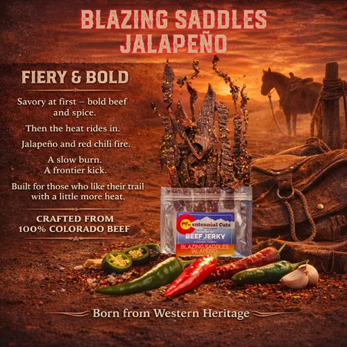 Vista 6 de Centennial Cuts Carne seca – Blazing Saddles Jalapeño – Alto en proteínas, sabor a jalapeño audaz – Snack de 3 oz