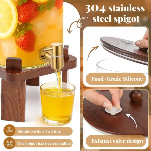 Vista 4 de FillTouch 1 dispensador de bebidas de vidrio de 5 galones con soporte de madera de acacia y tapa, dispensador grande de bebidas de vidrio con espita