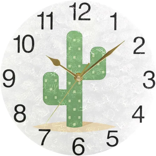 Vista 5 de senya Reloj de pared redondo de cactus del desierto, pintura al óleo silenciosa sin tictac, decorativo para el hogar, oficina, escuela, arte