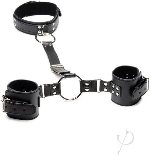 Vista 2 de Strict Juego de sujeciones de piel sintética para adultos, cuello a muñeca, con grandes accesorios de junta tórica para mujeres, hombres y parejas