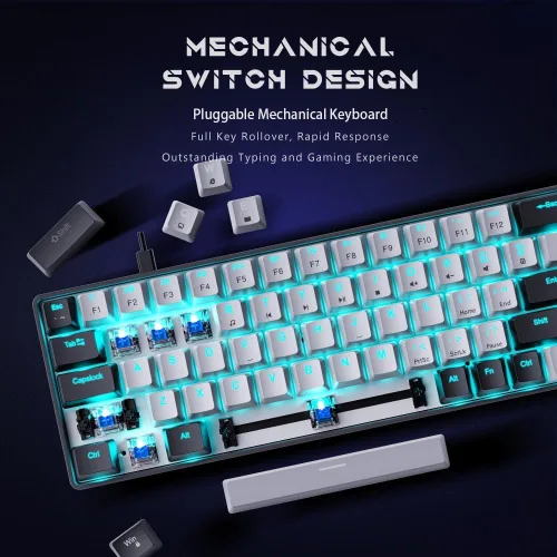 Vista 2 de abucow Teclado mecánico para juegos 65%, teclado compacto con cable con interruptor azul con retroiluminación azul, teclas intercambiables negro
