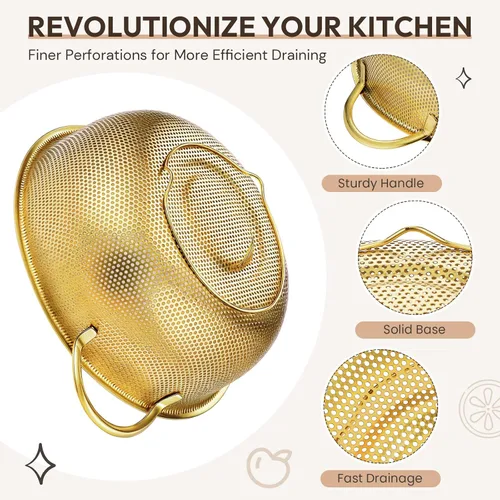 Vista 2 de Baderke Colador de metal dorado de acero inoxidable con asa, colador dorado para cocina, drenaje, pasta, enjuague, verduras, arroz, alimentos, 3