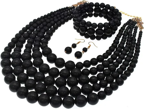 Vista 2 de JNF Collares grandes de perlas de imitación para mujer, collar de perlas de múltiples hebras, pulsera y aretes, collar de perlas para disfraz Negro