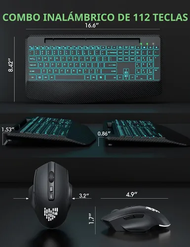 Vista 8 de Teclado y Mouse Inalámbricos con Retroiluminación, Reposamuñecas, Mouse LED, Teclado Ergonómico Recargable con Soporte para Teléfono, Combo