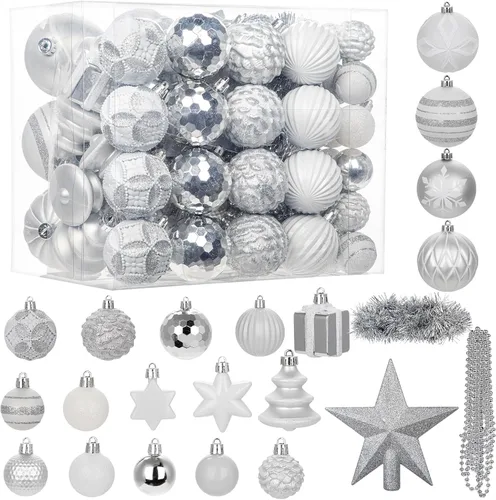 Vista 9 de 100 piezas de juego de adornos de Navidad azul y blanco – Kit de bolas de decoración de árbol de Navidad inastillables con estrella de copa