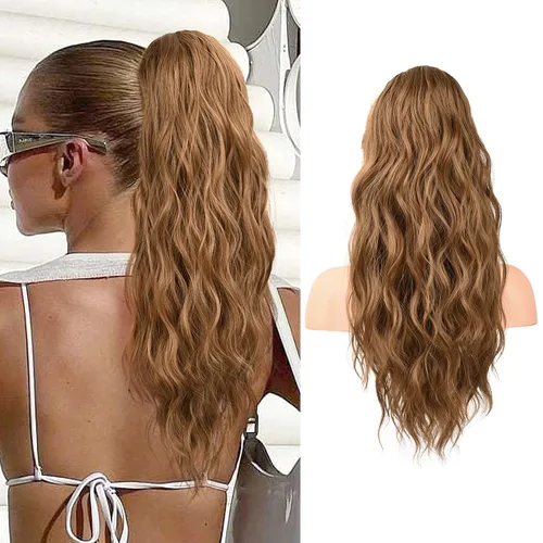 Vista 30 de FLUFYMOOZ Extensión de cola de caballo de 22 pulgadas, extensiones de cabello sintético ondulado largo y rizado para mujer