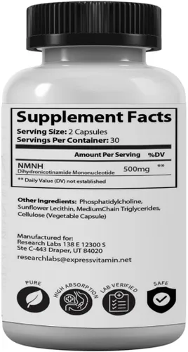 Vista 5 de Research Labs NMNH liposomal (alternativa al suplemento NMNN) 500 mg por porción 60 cápsulas (mononucleótido de dihidronicinamida) Suplemento NAD