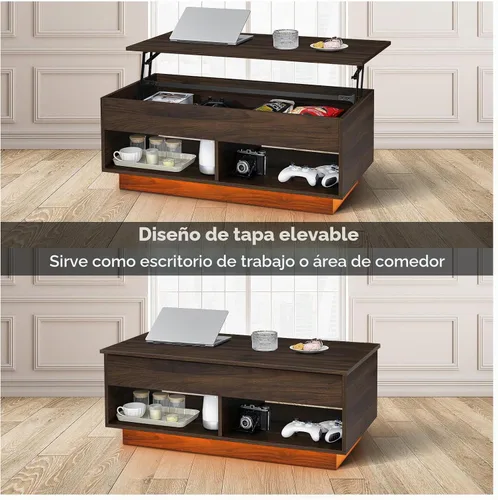 Vista 3 de HOMMPA Mesa de centro moderna con tapa elevable con almacenamiento para sala de estar, mesa de centro LED, mesa de comedor Wodden Lift