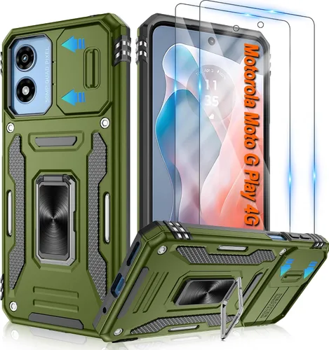 Vista 25 de Atump Funda para Motorola Moto G Play 2024 (4G) con [paquete de 2] protector de pantalla HD y cubierta para cámara deslizante, soporte de anillo
