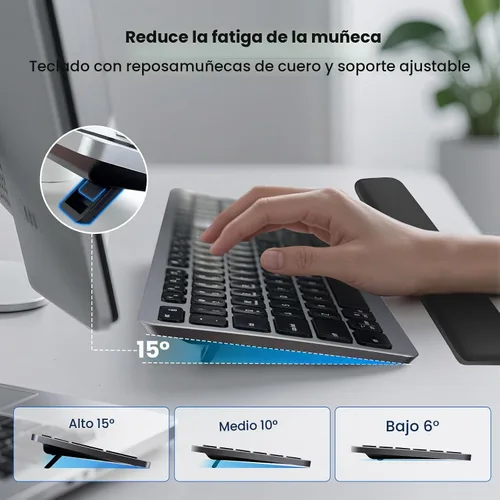 Vista 5 de Teclado inalámbrico, teclado Bluetooth con reposamanos de cuero, retroiluminación, emparejamiento multidispositivo, USB C recargable, para Windows