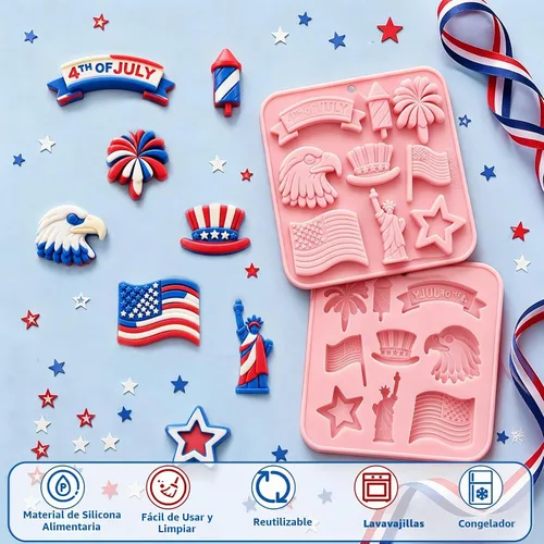 Vista 7 de Moldes de silicona para el 4 de julio, paquete de 2 moldes de chocolate para el Día de la Independencia, bandeja patriótica de silicona para dulces