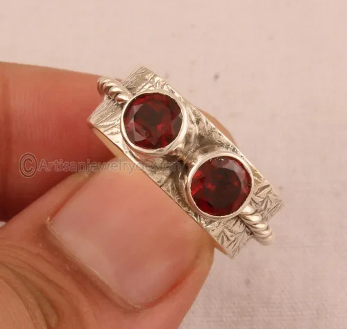 Vista 3 de 925 Sterling Silver Ring, Handmade Spinner Ring, Two Ton Rings, Narrow Spinner Ring, Minimalist Ring Silver, Natural Garnet Ring, Boho Ring Women