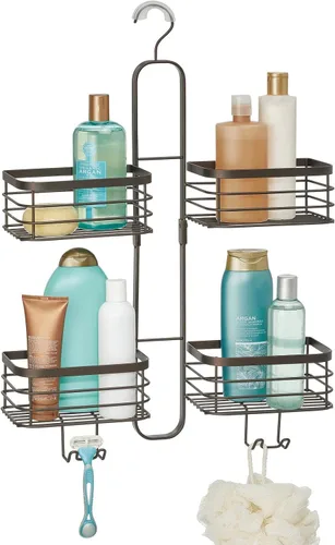 Vista 6 de mDesign Carrito de ducha colgante de acero metálico, estante organizador de 4 cestas para baño; sostiene cabezal de ducha de mano, manguera, champú