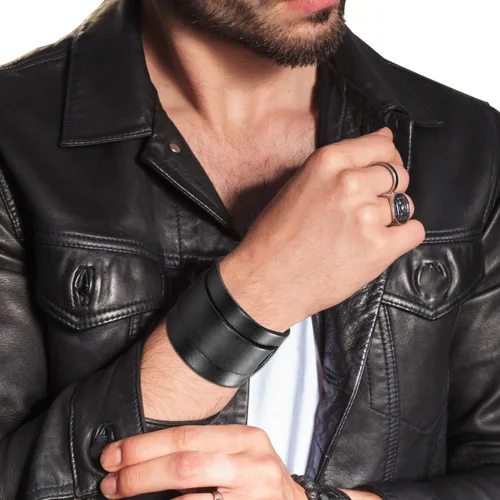 Vista 5 de Cupimatch 3 pulseras de cuero ajustables negras, pulsera de cuero ancho punk rock para hombres para el día del padre