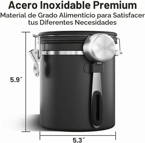 Vista 2 de Veken Recipiente de café con ventana, recipiente hermético de almacenamiento de alimentos de cocina de acero inoxidable con tapas, rastreador