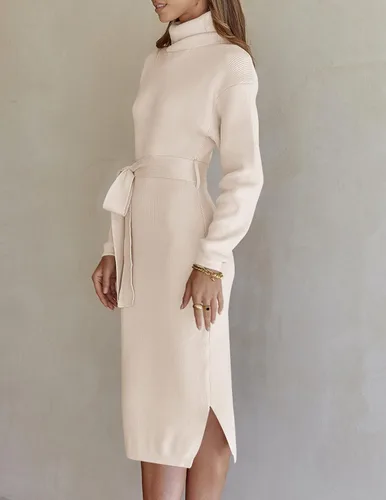 Vista 20 de ZESICA - Vestido por debajo de la rodilla de suéter, de cuello alto, para mujer, de manga larga, de punto acanalado, con abertura y cinturón