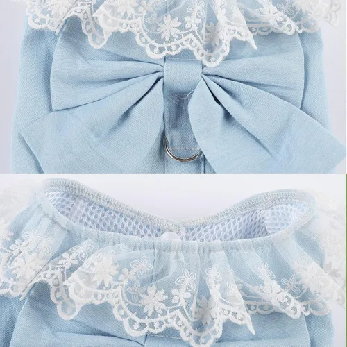 Vista 3 de Vestido de mezclilla para perro con anillo para correa, falda de princesa de malla de encaje con lazo para cachorro, ropa de moda para mascotas
