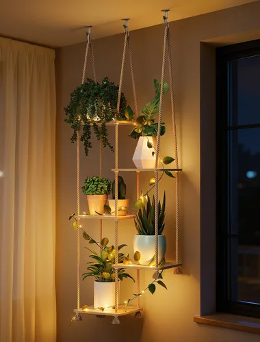 Vista 2 de ROSSNY Estante para plantas con tira de guirnalda LED de vid, estantes para plantas de ventana de 5 niveles, soporte para plantas colgante y montado