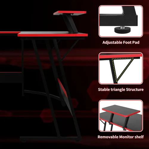 Vista 7 de Escritorio para juegos en forma de L con gran escritorio y espacio de almacenamiento, ideal para estudiar, trabajar y jugar, patas ajustables e Negro