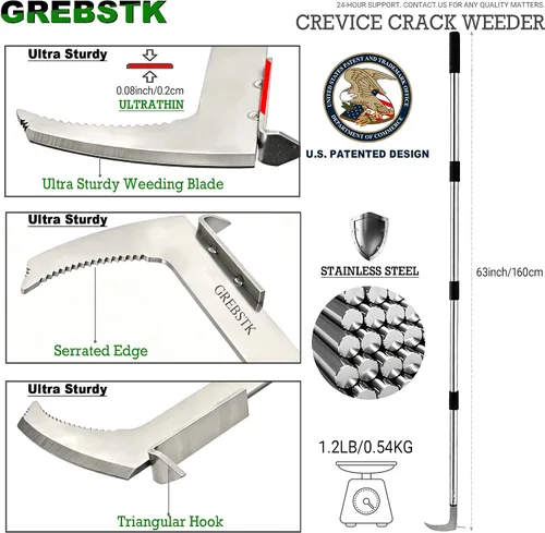Vista 11 de GREBSTK Crack Weeder Crevice Weeding Stainless Steel Tool Adjustable, 63 in