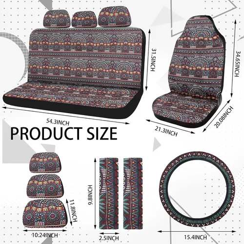 Vista 6 de Frienda - Juego completo de fundas para asientos de coche estilo Baja, manta de sillín multicolor con diseño bohemo a rayas, funda para volante