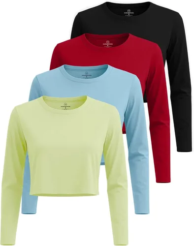 Vista 7 de Real Essentials 4 Pack: Camiseta de manga larga y cuello redondo para mujer, de algodón, recortada - Camiseta casual corta