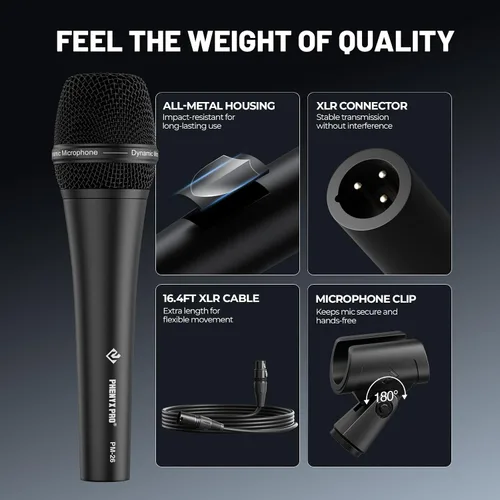 Vista 5 de Phenyx Pro Micrófono vocal, micrófono dinámico supercardioide con cable XLR de 16.4 pies, clip de micrófono, bolsa de almacenamiento, micrófono