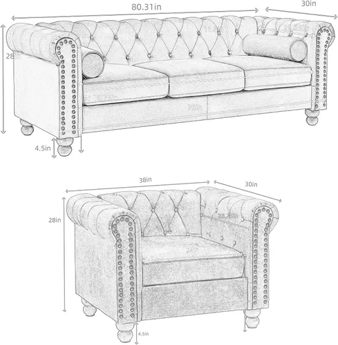 Vista 9 de Juego de 2 piezas Air Leather Chesterfield para sala de estar, sofá y silla Marrón