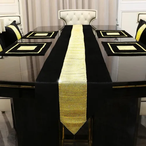 Vista 2 de Juego de 2 manteles individuales de Navidad, manteles individuales para mesa de comedor, lentejuelas doradas, diamantes de imitación, color negro