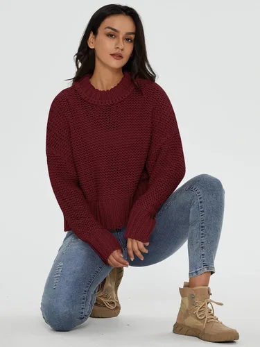 Vista 6 de DEEP SELF Suéter de punto grueso con cuello redondo para mujer, manga larga, holgado, para otoño, color liso
