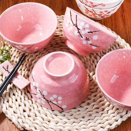 Vista 4 de Juego de 4 cuencos de arroz japoneses, estilo japonés, pintados a mano, color rosa ciruela, juego de 4 cuencos para postre aperitivos, cereales