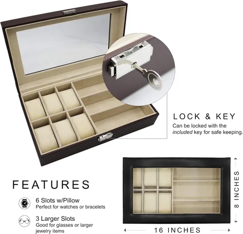 Vista 3 de The Wedding Party Store Caja personalizada para relojes y lentes de sol, estuche organizador de relojes y lentes con grabado personalizado (negro)